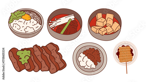 Delicious Korean food spread with BBQ meat, rice bowls, and skewers for a vibrant meal experience
