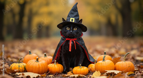 Black cat wearing witch hat surrounded by pumpkins in autumn  