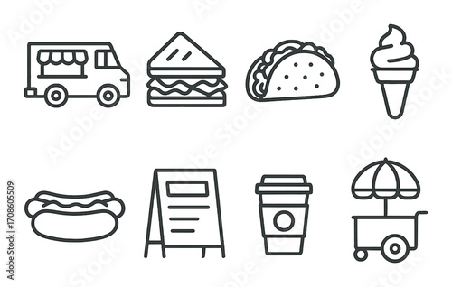 Icon set displaying food truck, sandwich, taco, ice cream, hot dog, menu board, coffee cup, and food cart