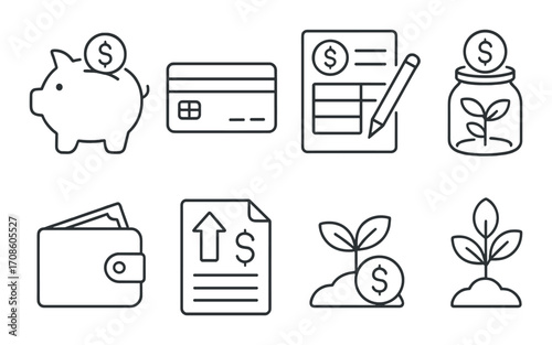 Financial growth and management icons featuring savings, investments, and budgeting
