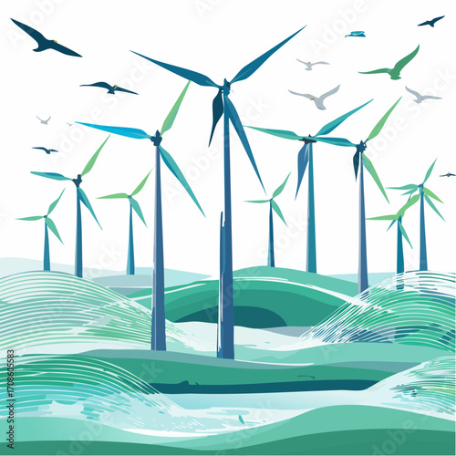 Wind Turbines Vector Clean Energy Illustration with Birds Flying in a Green and Blue Landscape