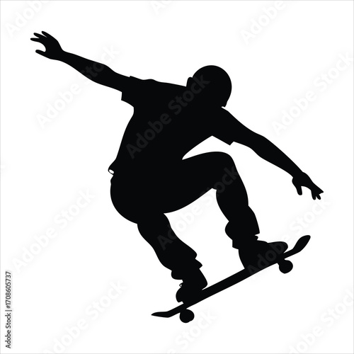 Silhouette of a skateboarder performing a trick against a white background