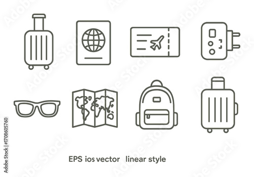 Outline icons of travel essentials including passport, luggage, and map