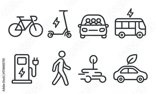 Eco-friendly urban transport icons: bikes, scooters, cars, and charging stations