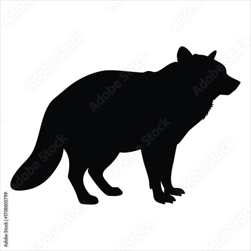 Black silhouette of an arctic fox standing on a white background