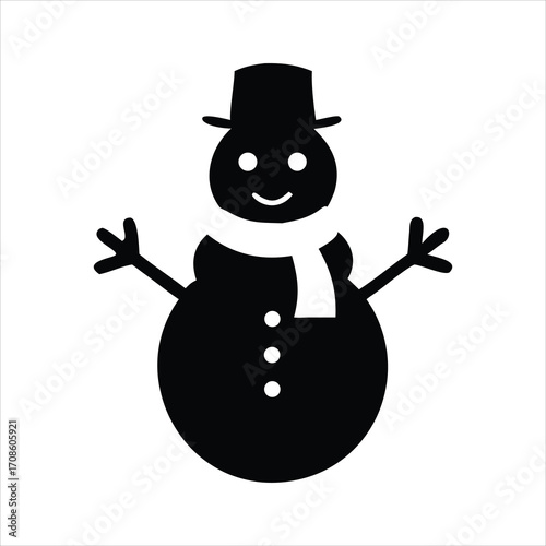 Simple black silhouette of a cheerful snowman wearing a hat and scarf
