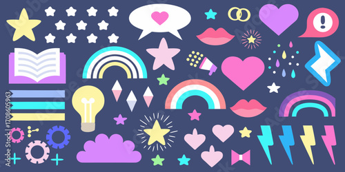 Collection of colorful graphic design elements and icons on a dark blue background