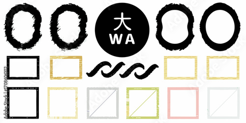Collection of japanese style frames and decorative elements in black gold and pastel colors