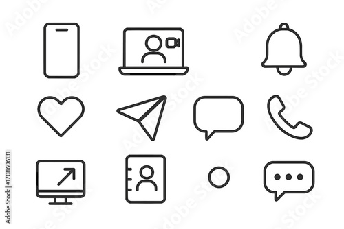 Digital Interaction Icons. Line style icons of digital interaction: smartphone, laptop, video chat, notification bell; social