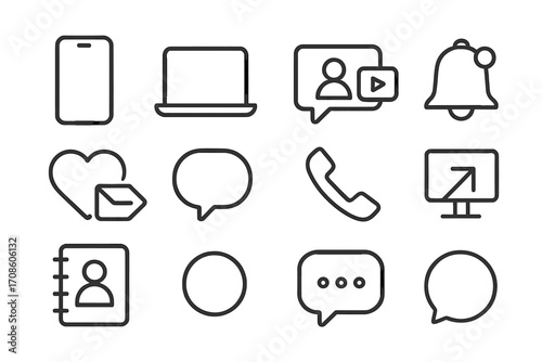 Digital Interaction Icons. Line style icons of digital interaction: smartphone, laptop, video chat, notification bell; social