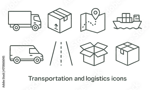 Transportation and logistics icons with truck, box, map, ship, and delivery van