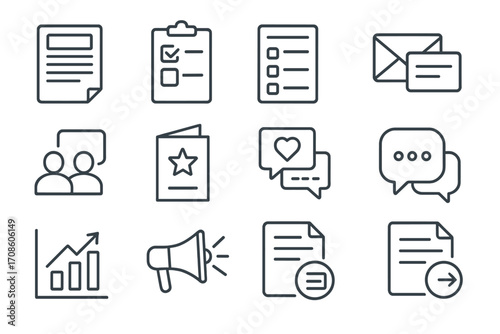 Business Engagement Icons. Line style icons of business engagement methods: newsletter, poll, survey, email series; client forum,