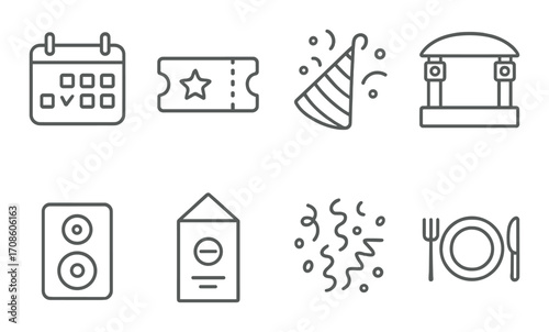 Event planning icons set: calendar, tickets, party hat, venue, speakers, decoration, confetti, dining