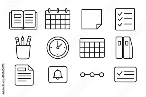 Educational Productivity Icons. Line style icons of educational productivity tools: planner, wall calendar, sticky note, checklist