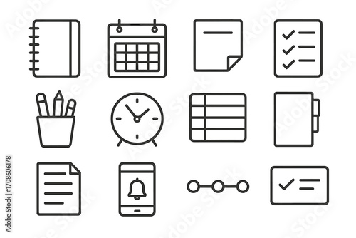 Educational Productivity Icons. Line style icons of educational productivity tools: planner, wall calendar, sticky note, checklist