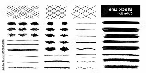 Collection of hand drawn black line elements including grids scribbles brush strokes and wavy lines
