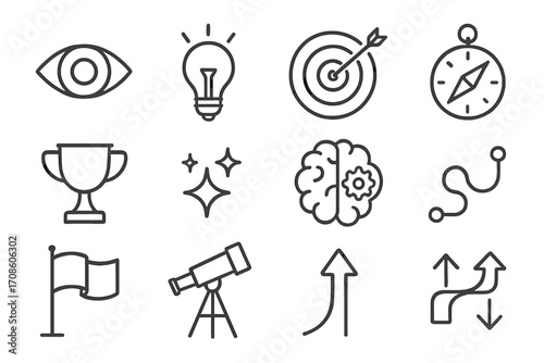 Icons of Innovation. Line style icons of innovation and clarity: vision icon, light bulb, target board, compass; trophy, spark,