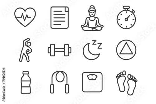 Holistic Fitness Icons. Line style icons of holistic fitness: heartbeat, activity log, mindfulness icon, stopwatch; stretching,