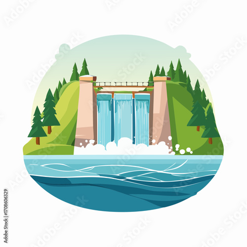 Dynamic vector illustration of a powerful dam, where cascading waters appear to fly and splash down, creating a serene yet majestic natural landscape, water flying freely through constructed spillways