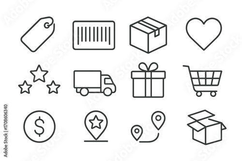 Shopping Icon Set. Line style icons of shop and delivery tools: price tag, barcode, package, heart; stars, delivery truck, box