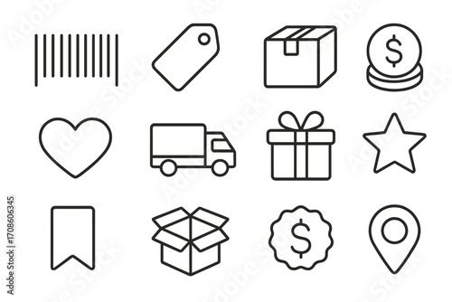 Checkout Icons Flow. Line style icons of checkout and delivery flow: barcode, shopping tag, package, coins; heart, truck, gift,