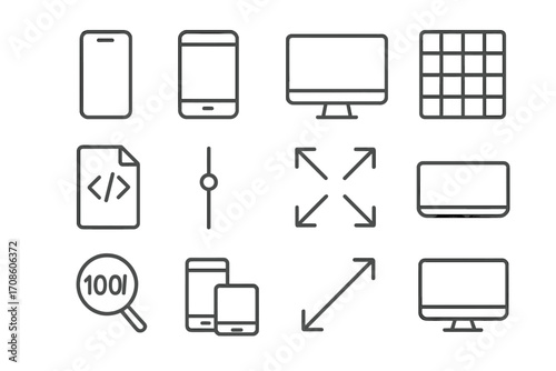 Responsive Design Icons. Line style icons of responsive design: mobile screen, tablet layout, desktop view, grid system; media