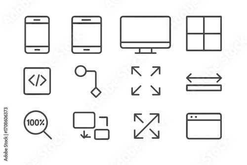 Responsive Design Icons. Line style icons of responsive design: mobile screen, tablet layout, desktop view, grid system; media