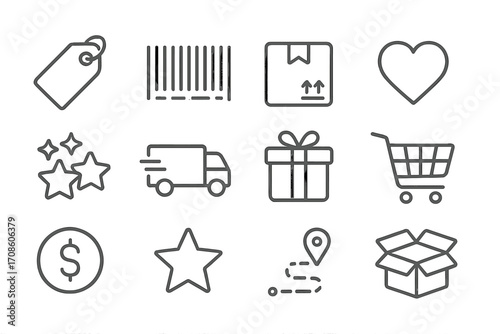 Shopping Icon Set. Line style icons of shop and delivery tools: price tag, barcode, package, heart; stars, delivery truck, box