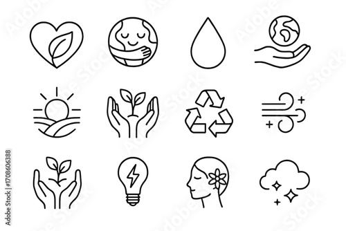 Earth Care Icons. Line style icons of earth care and healing: leaf heart, earth hug, water drop, hand with planet; sun over field,