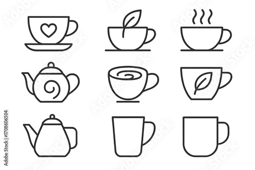 Tea Iconography. Line style icons of tea illustrations: tea icon with heart, leaf in cup, minimal steam lines, teacup silhouette;