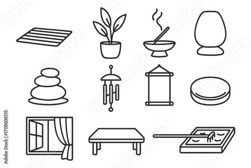 Zen Interior Icons. Line style icons of calm interior setup: floor mat, indoor plant, incense burner, meditation lamp; zen stones,