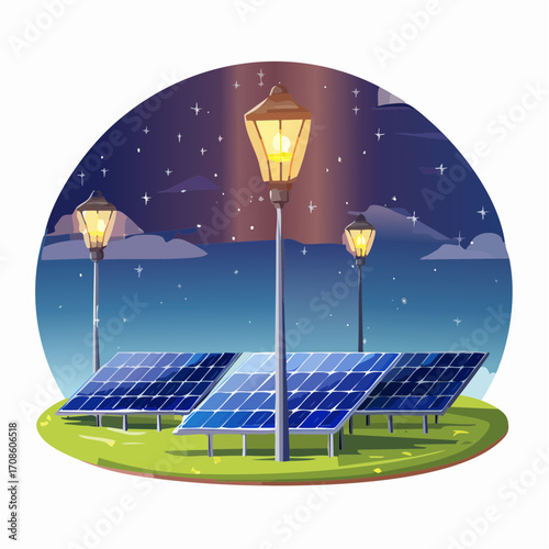 Futuristic vector landscape where green energy ideas fly, with flying photons powering sustainable streetlights from solar panels under a starry night sky