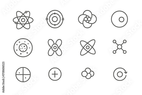 Atomic Structure Icons. Line style icons of atomic structure and particles: atom with orbit, electron shell, nucleus symbol,