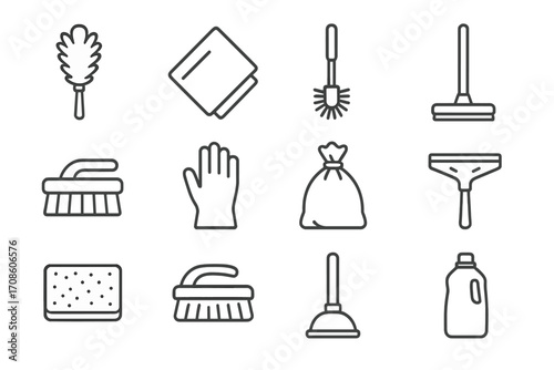 Line Style Cleaning Icons. Line style icons of household cleaning tools: duster, microfiber cloth, toilet brush, floor mop; hand
