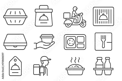 Food Delivery Icons. Line style icons of food delivery service: food container, insulated bag, delivery scooter, meal barcode;