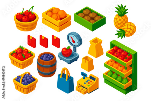 Colorful Fruit Market Display. Isometric vector illustration set Market fruit stand: cherry basket, peach crate, kiwi box,