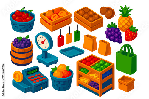 Colorful Fruit Market Display. Isometric vector illustration set Market fruit stand: cherry basket, peach crate, kiwi box,