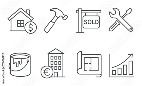 Real estate and construction icons: tools, home, finance, growth