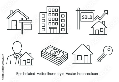 Real estate icons outline: building, house, key, money, sold sign