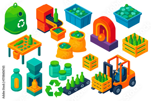 Glass Recycling Icons. Isometric vector illustration set Glass recycling: glass bottle collection bin, glass crushing machine,