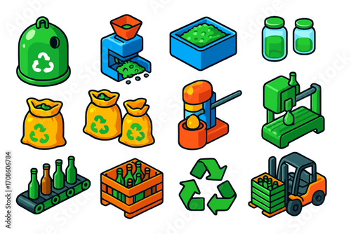 Glass Recycling Icons. Isometric vector illustration set Glass recycling: glass bottle collection bin, glass crushing machine,