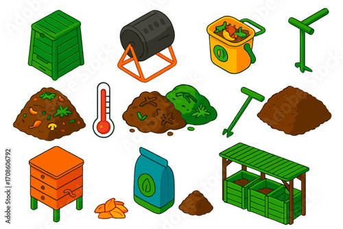 Colorful Composting Essentials. Isometric vector illustration set Composting: compost bin, compost tumbler, garden compost pile,