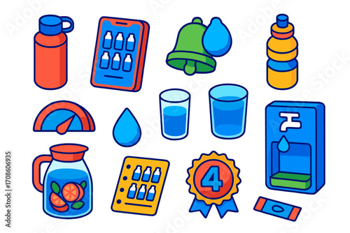 Hydration Tracking Essentials. Isometric vector illustration set Hydration tracking: reusable water bottle, water tracking app,