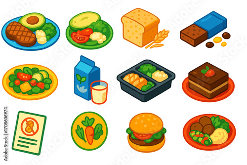Colorful Diet Icons. Isometric vector illustration set Special diets: keto food plate, vegan meal, gluten-free bread, high-protein