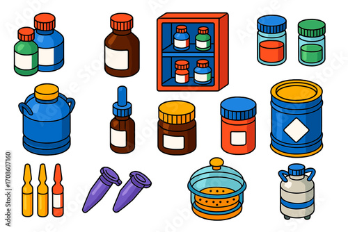 Chemical Container Icons. Isometric vector illustration set Chemical containers: reagent bottles, amber glass bottle, chemical