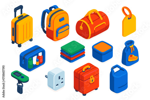 Vivid Travel Essentials. Isometric vector illustration set Luggage and packing: rolling suitcase, carry-on backpack, duffle bag,