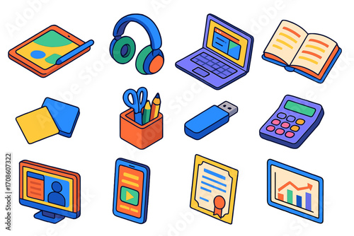 Digital Study Tools. Isometric vector illustration set Digital study tools: tablet with stylus, wireless headphones, laptop, open