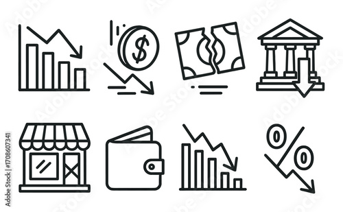 Economic decline icons illustrating financial downturn and market crash concepts