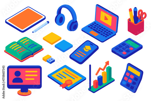 Digital Study Tools. Isometric vector illustration set Digital study tools: tablet with stylus, wireless headphones, laptop, open