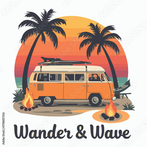 Retro Camper Van at Sunset Beach t shirt design: Tropical Beach Vacation,  Palm Trees, Campfire, Surfboard.